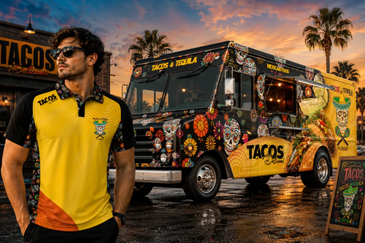 Tacos and Tequila custom polo and food truck wrap