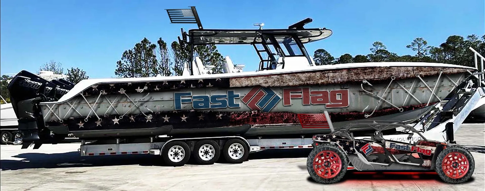 Fast-Flag patriotic boat and matching off-road vehicle graphic design