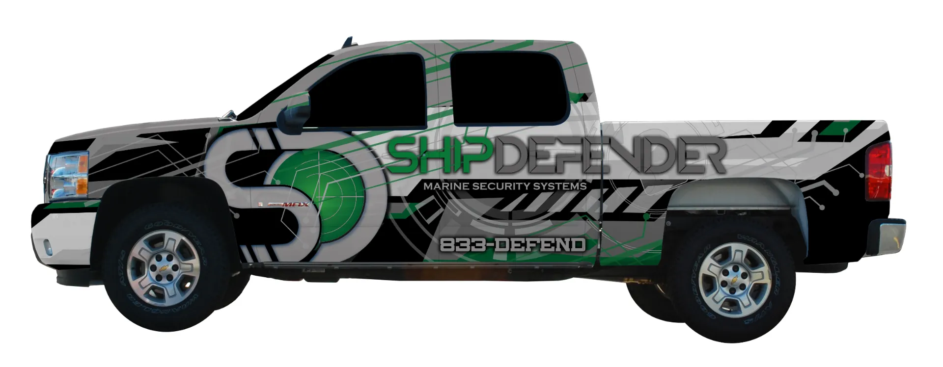 Ship Defender Marine Security Systems branded truck wrap design