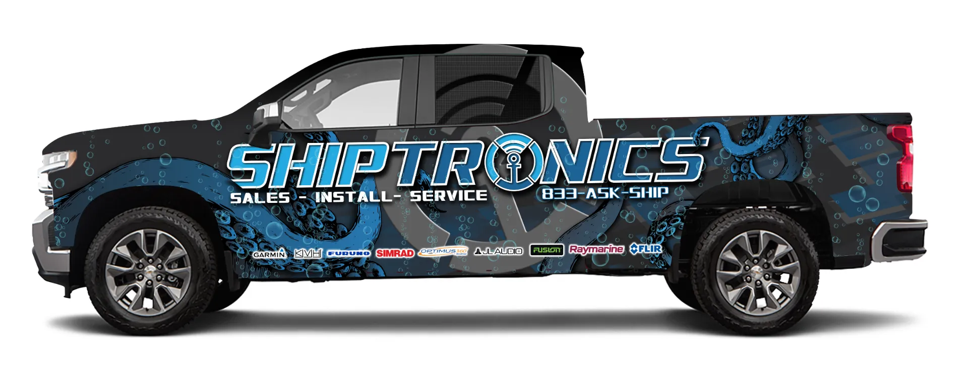 Shiptronics branded Chevrolet pickup truck wrap design