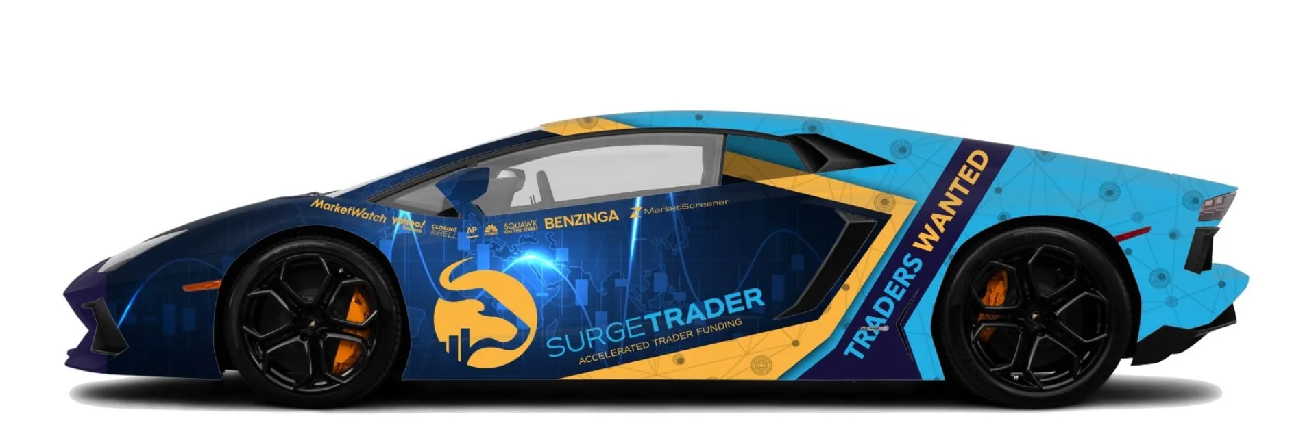 SurgeTrader blue and gold luxury sports car wrap design
