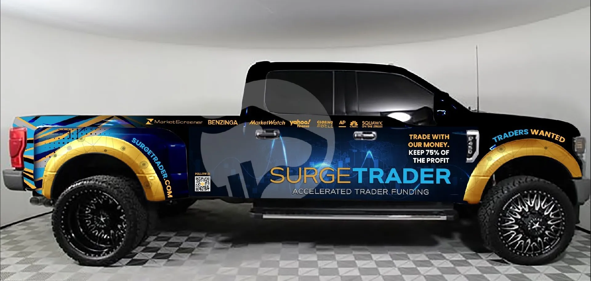 SurgeTrader blue and gold pickup truck wrap design